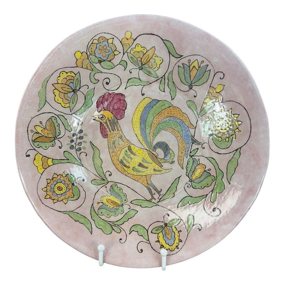 Large Folk Art Pottery Dish Bowl Centerpiece Hand‎ Painted Rooster RedWare Bird